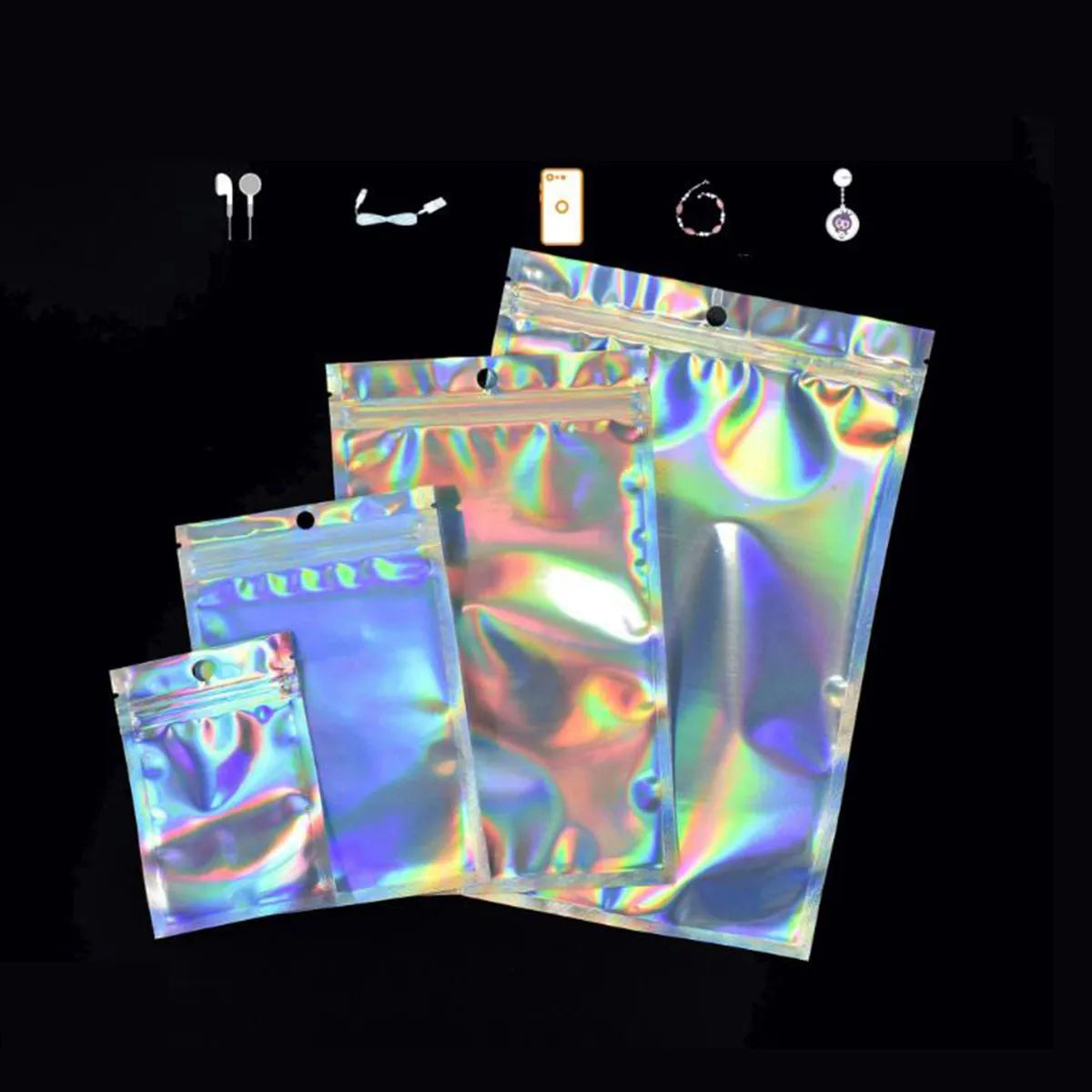 Laser Zip Lock Bag Holographic Resealable Smell Proof Bags Clear Front Plastic Storage