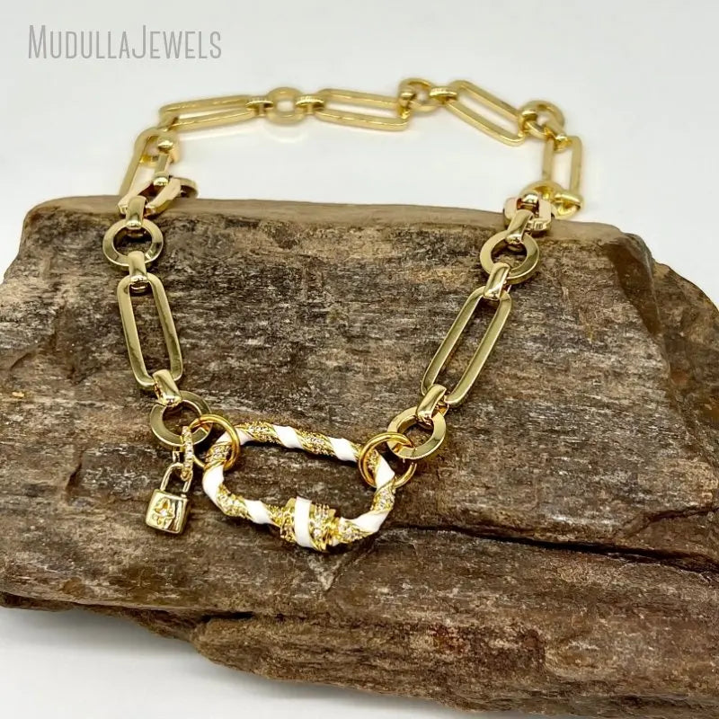 NM45648 White Enamel Cubic Zircon Carabiner Clasp Lock Charm Choker Paperclip Chain Necklace 18k Gold Plated Fashion Jewelry