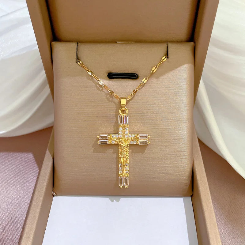 18K Gold Plated Religious Jesus Cross Pendant Stainless Steel Necklace