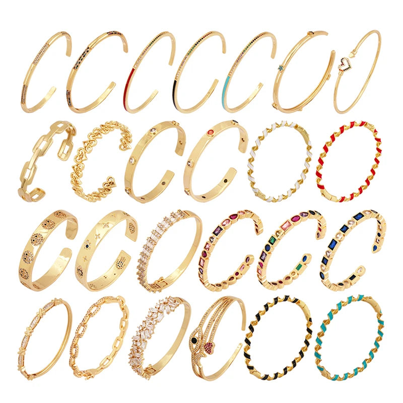 Dainty Fashion Cubic Zirconia Brass Open Cuff BangleSparkly Colourful Enamel 18K Gold Bracelet Charm Jewelry Wholesale Supplies