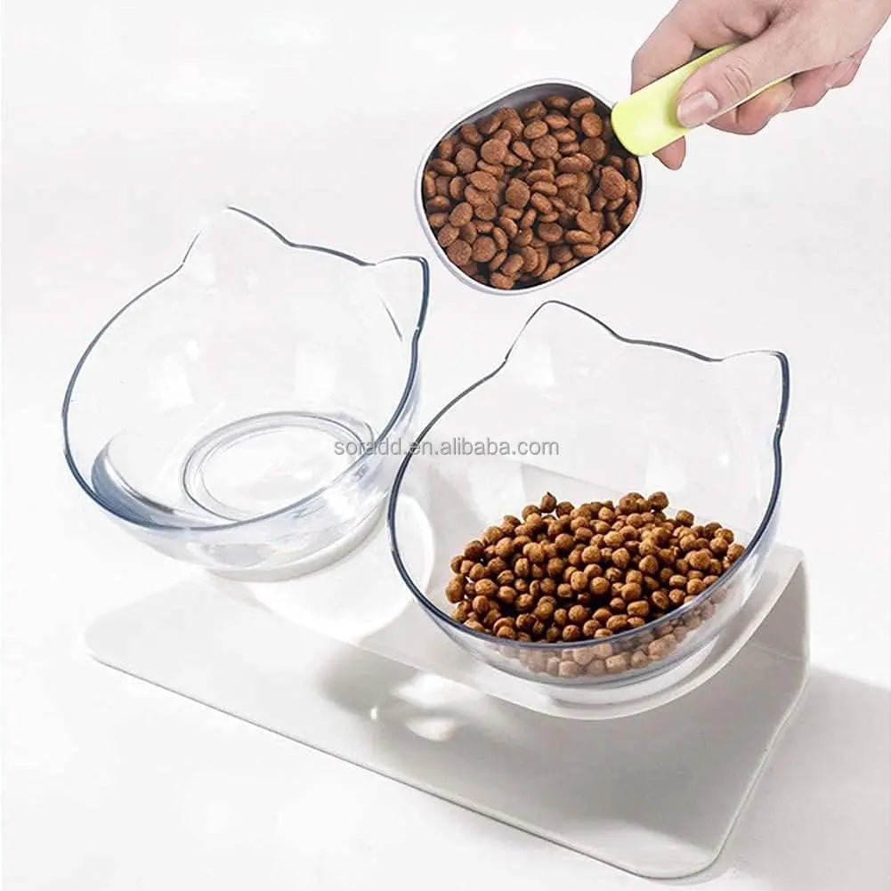 Double Elevated Cat Bowls with Neck Guard Stand 15 Degree Tilt Rounded Design Small Dogs Cats Raised Pet Food Water Feeder Bowl