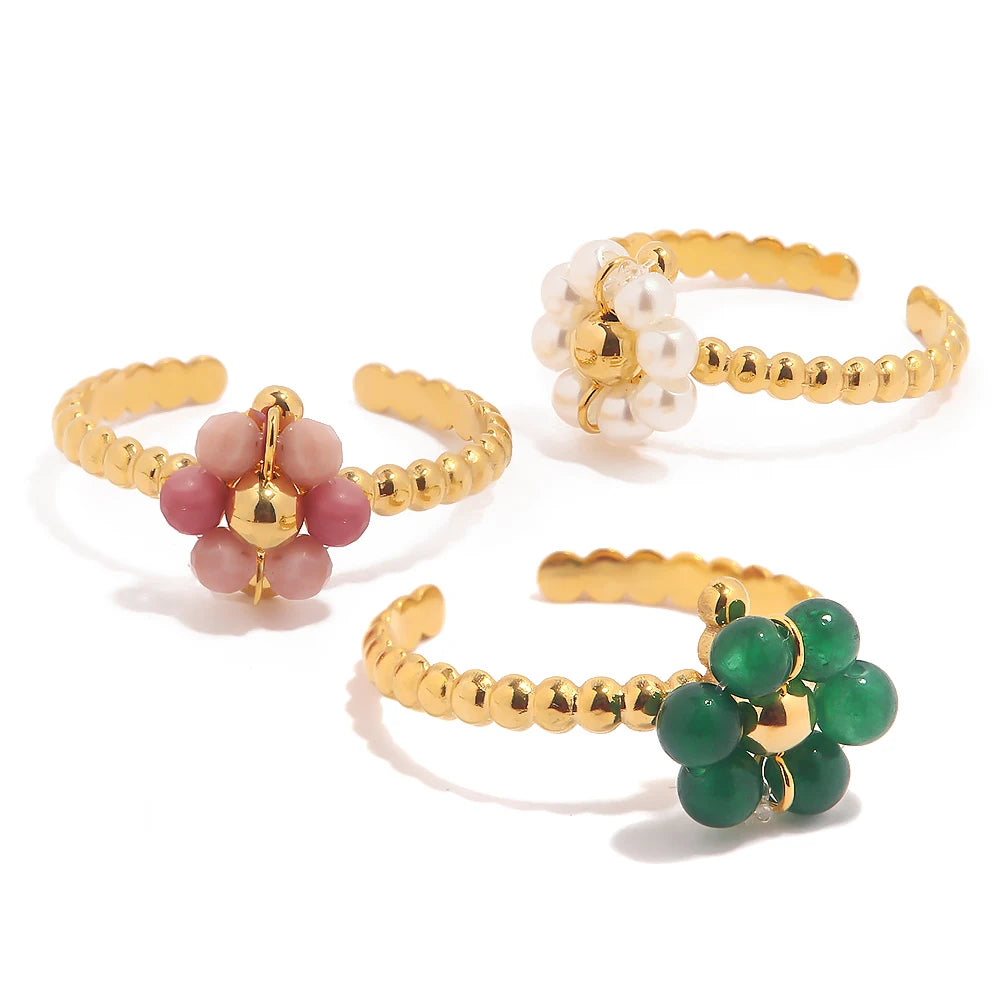 New Trendy Stainless Steel Jewelry Gift Charm 18K Gold Plated Opening Adjustable Pearl Sunflower Rings