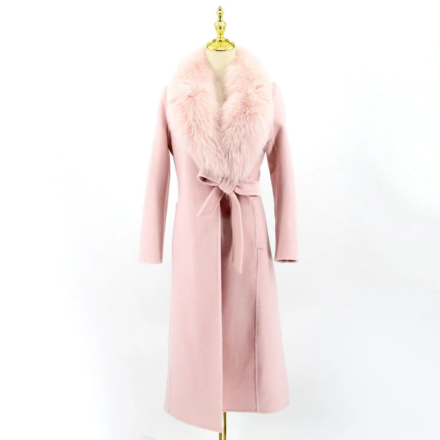 QIUCHEN QC22034 2022 Autumn Winter Casual Women's Long Trench Coat with Real Fox Fur Collar 100% Woolen