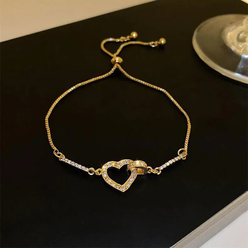 Women Fashion Jewelry Adjustable Box Chain Love Heart Shape Bracelets 18k Gold Plated CZ Crystal Heart Bracelet