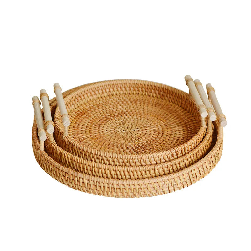 Wholesale Price Restaurant Food Serving Tray Rattan Serving Tray Round Rattan Tray Set With Handle