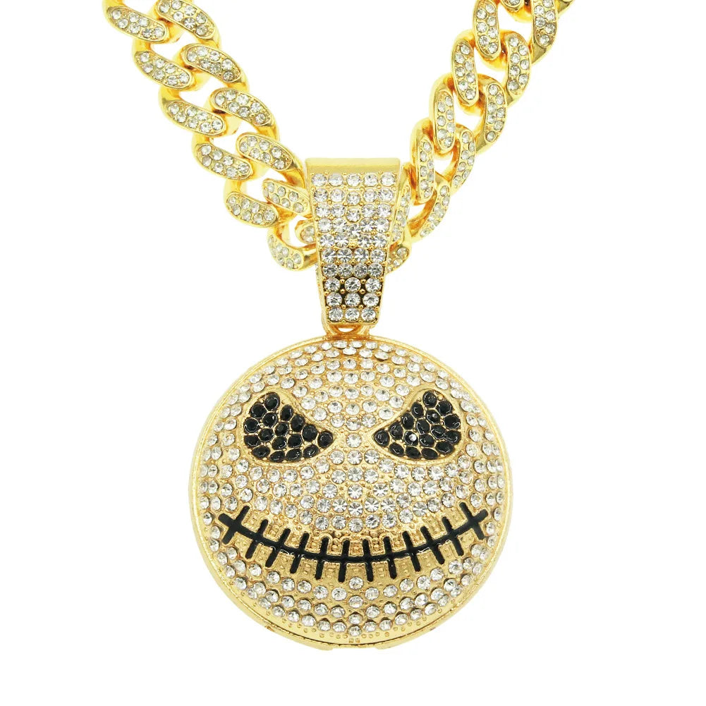 Hip Hop Exaggerated Big Gold Chain Collarbone Chain Men's New Full Drill Star Face Monster Pendant Necklace