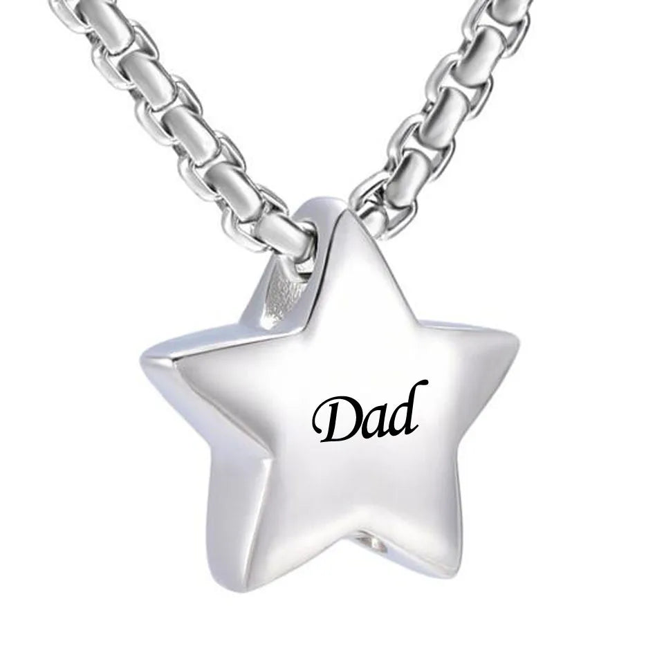 Stainless Steel Silver Plated Children's Dad Mom Brother Star Cremation Pendant Memorial Necklace Ashes Holder Keepsake Funeral