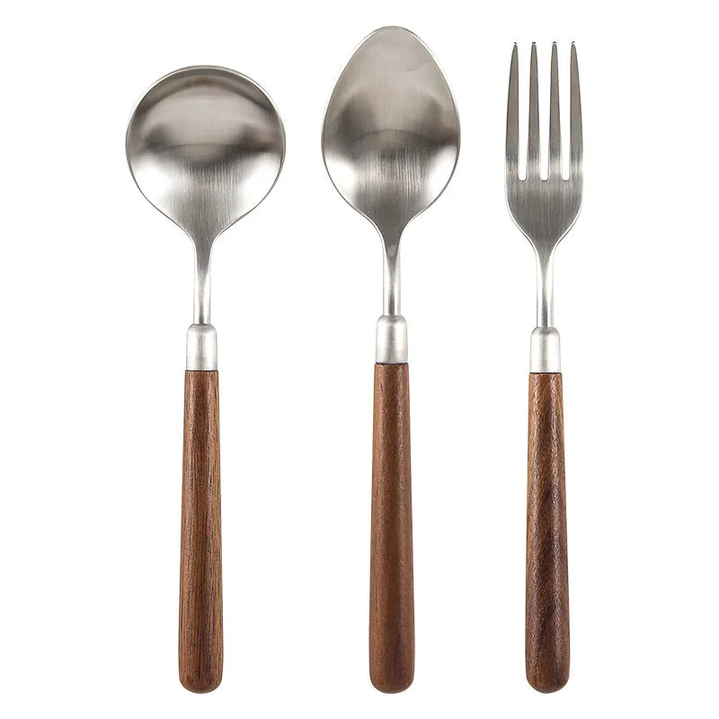 304 Stainless Steel Cutlery Set Japanese Vintage Walnut Wooden Spoon with Wooden Handle Fork