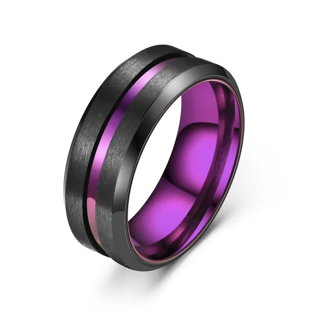 Men's Stainless Steel Wedding Bands Ring 8mm Tungsten Carbide Blue Groove Bevel Brushed Plated for Both Men and Women