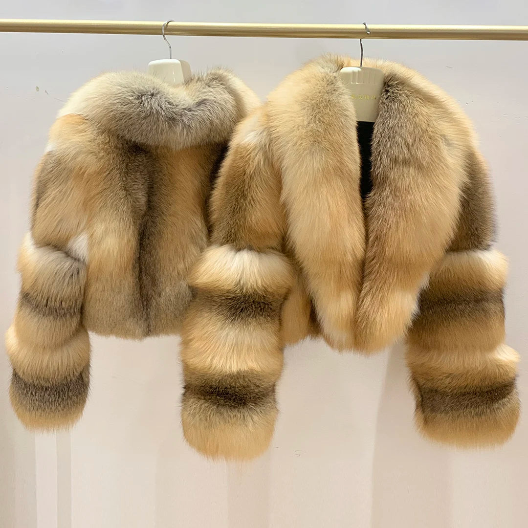 Top Luxury Full Pelt 100% Natural Riches Golden Island Fox Fur Skin Crop Top Coat