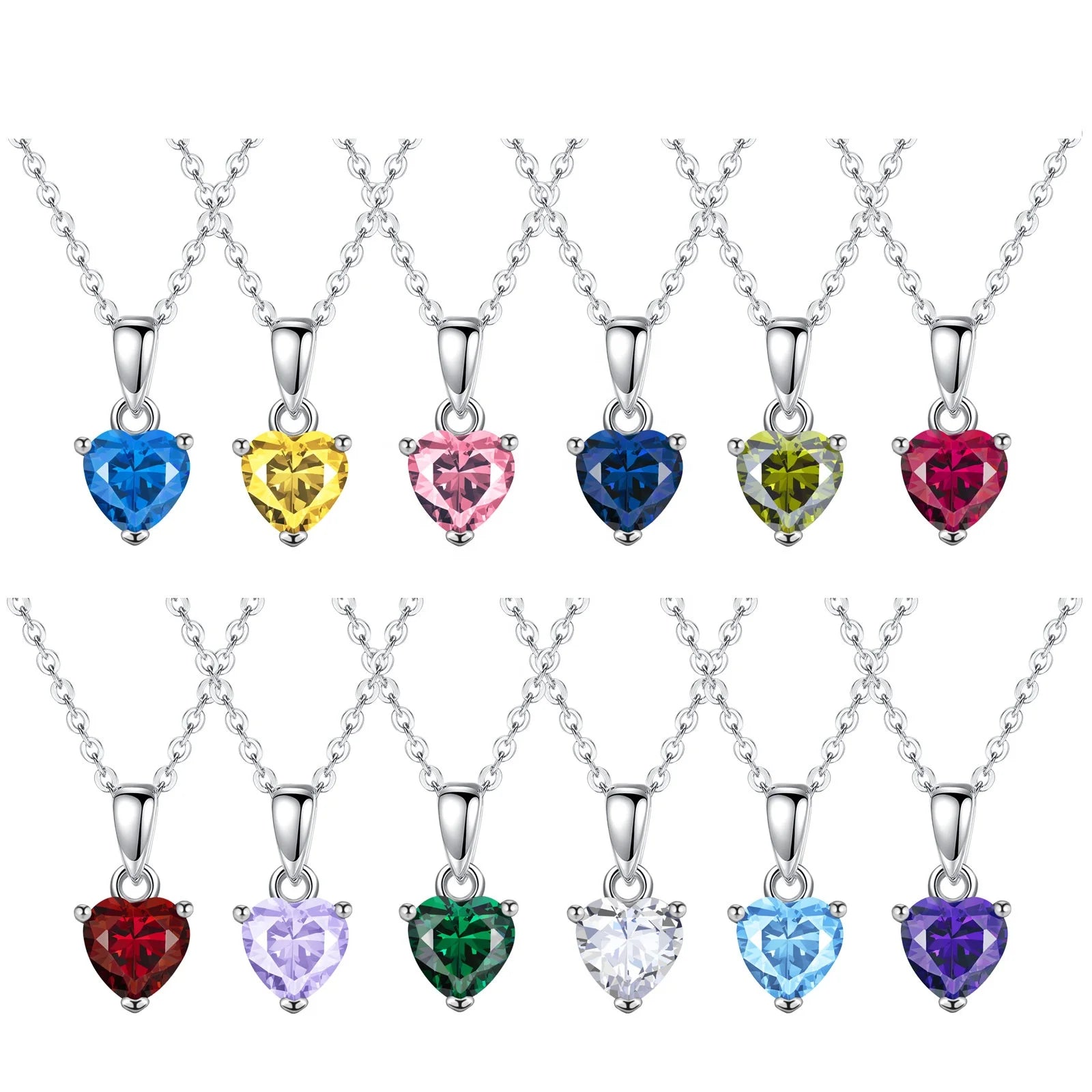 Classic 925 Sterling Silver Cubic Zirconia Heart Shaped Birthstone Jewelry Necklace