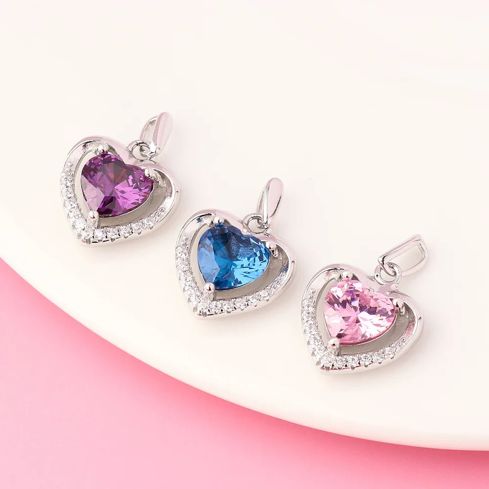 Dainty 925 Sterling Silver Purple Blue Pink Crystal Zircon Heart Pendant for Jewelry Making Supplies 14mm