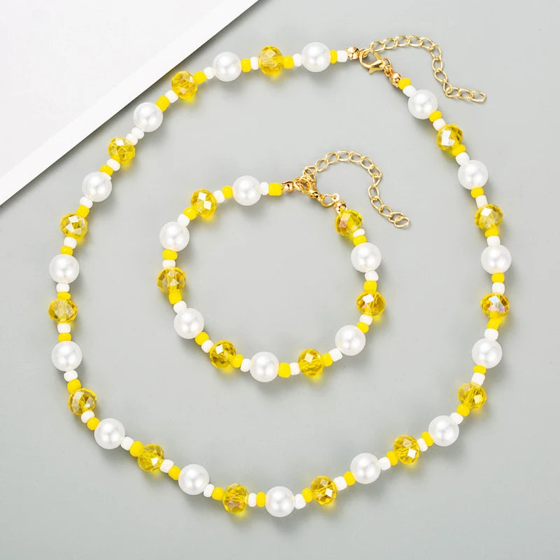 Online 2 Pieces Women Bracelet Choker Pearl Natural Jade Yellow Crystal Necklace Set