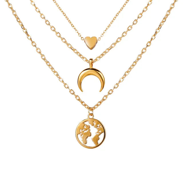 Fashion Gold Heart Layered World Map Necklace for Women Wholesale N209232