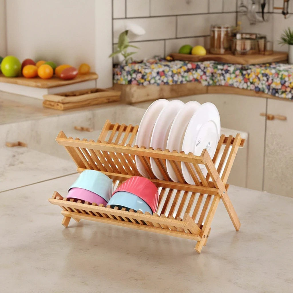 Kitchen Organizer Bamboo Wooden Dish Drying Rack Double Folding Tray Standing Bowl Dish Holder Box Storage Countertop Organizer