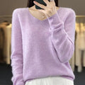 S-XXL V Neck 100% Wool Knit Women's Pullover Loose Bottom Sweater Autumn/Winter New Solid Color Sweater