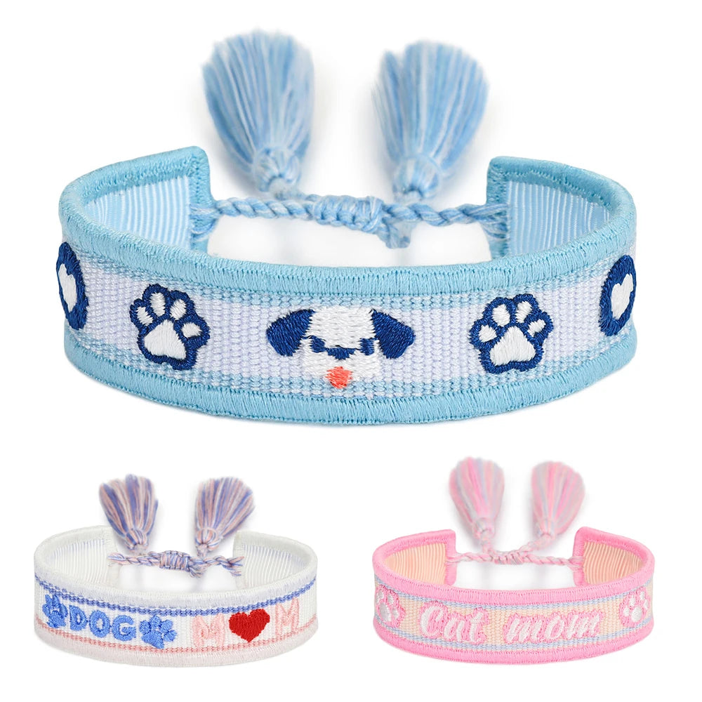 Best Cat Mom Ever Mom Dog Foot Bow Paw Heart Pattern Design Woven Tassel Embroidery Bracelet