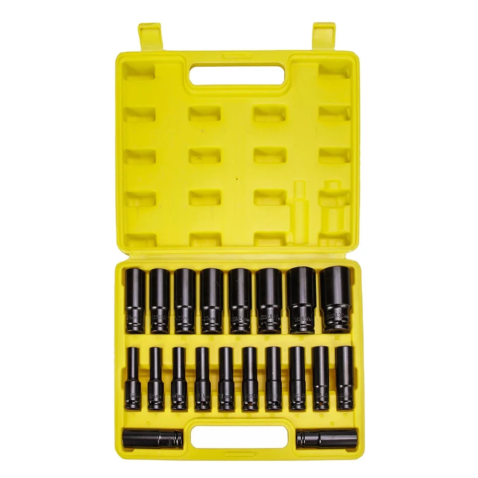 AYZ Professional 20pcs Hex Impact Wrench Sockets 8-32mm 1/2 Inch Black Finish Heavy Duty Socket Set Plastic Toolbox 1 Year