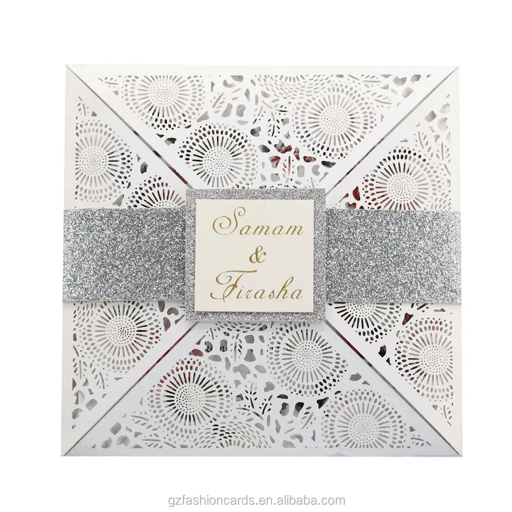Square Laser Cut Invitations Silver Glitter Belly Band and Customized Laser Cut Birthday Invitation Cards with Glitter Band MegaBDM