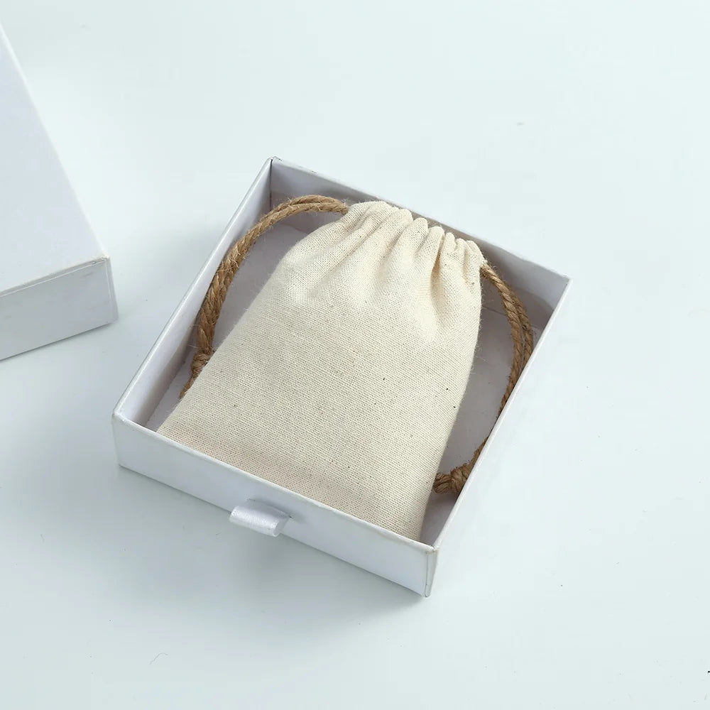 7*9cm Beige Cotton Jewelry Bag Wholesale Muslin Drawstring Cotton Bags with Jute Rope