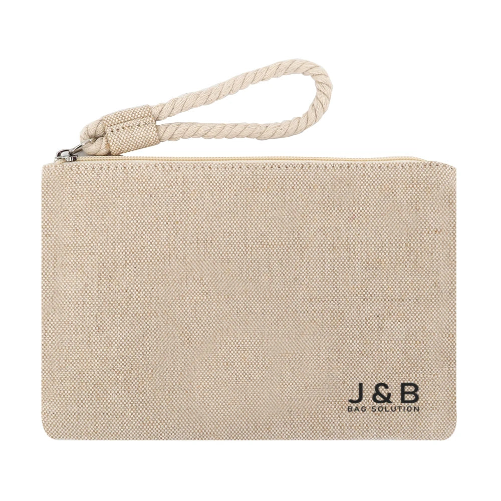 Custom Logo Print Natural Cotton Jute Gift Cosmetic Makeup Bag Eco Friendly Cotton Canvas Zipper Bag with Wrist Strap