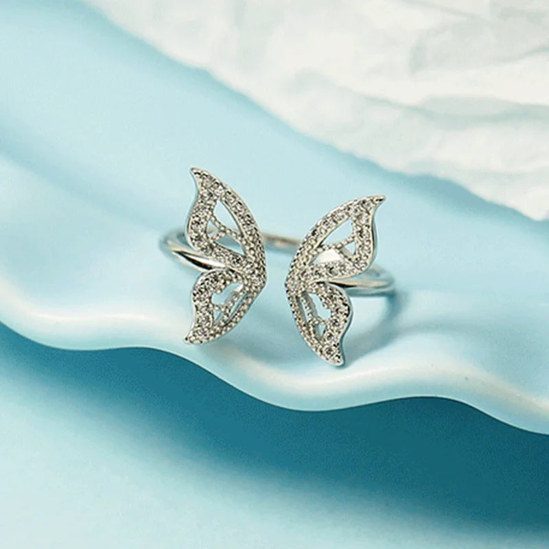 Trend Women Jewelry Cubic Zirconia Adjustable Ring Finger Ring Crystal butterfly Opening Ring for Ladies