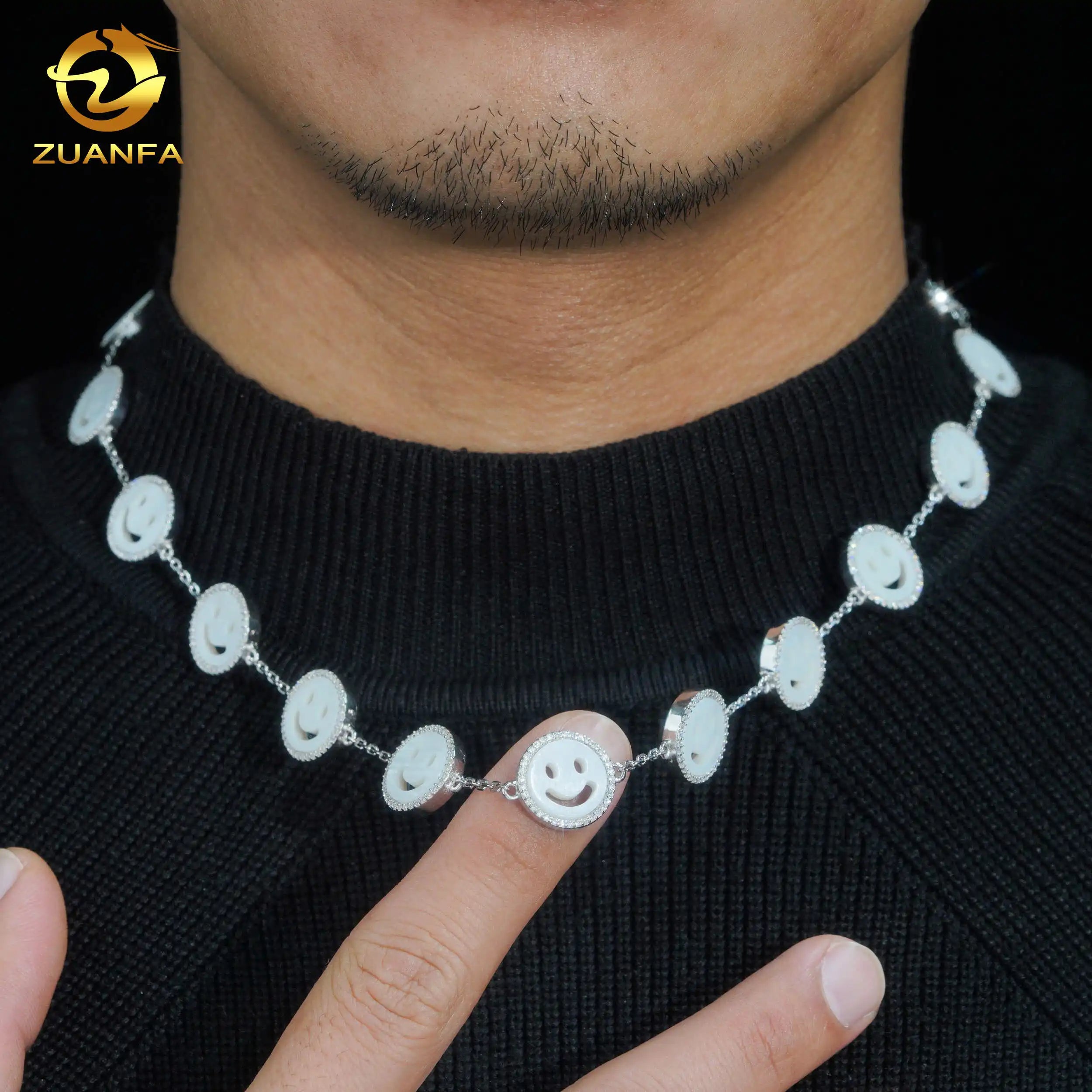 New Arrival 925 Sterling Silver Iced Out Jewelry White Shell Smiling Face Tennis Chain
