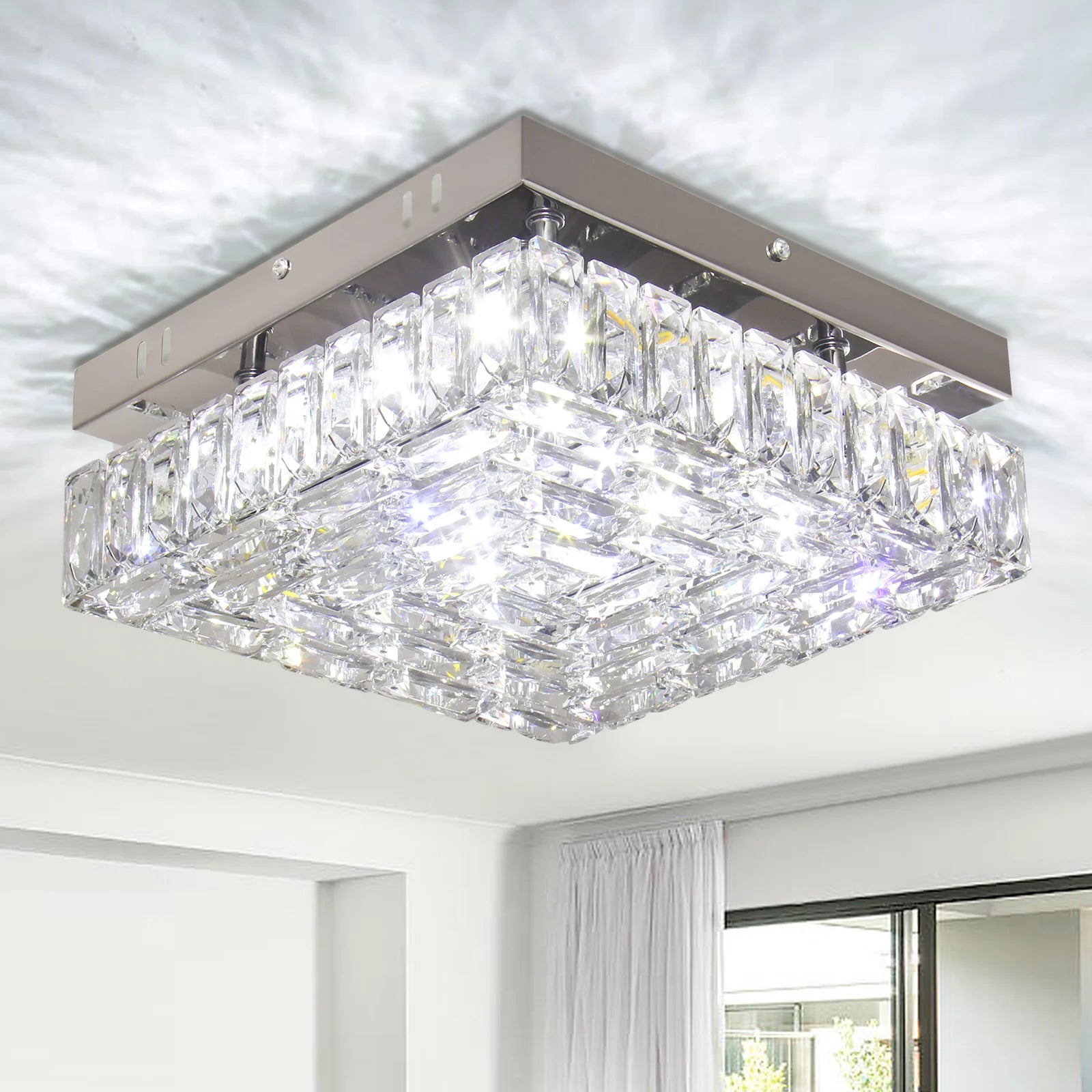 Modern Mini Square Crystal LED Ceiling Light Lamp Stainless Steel Flush Mount for Hallway Bedroom Dining & Living Room