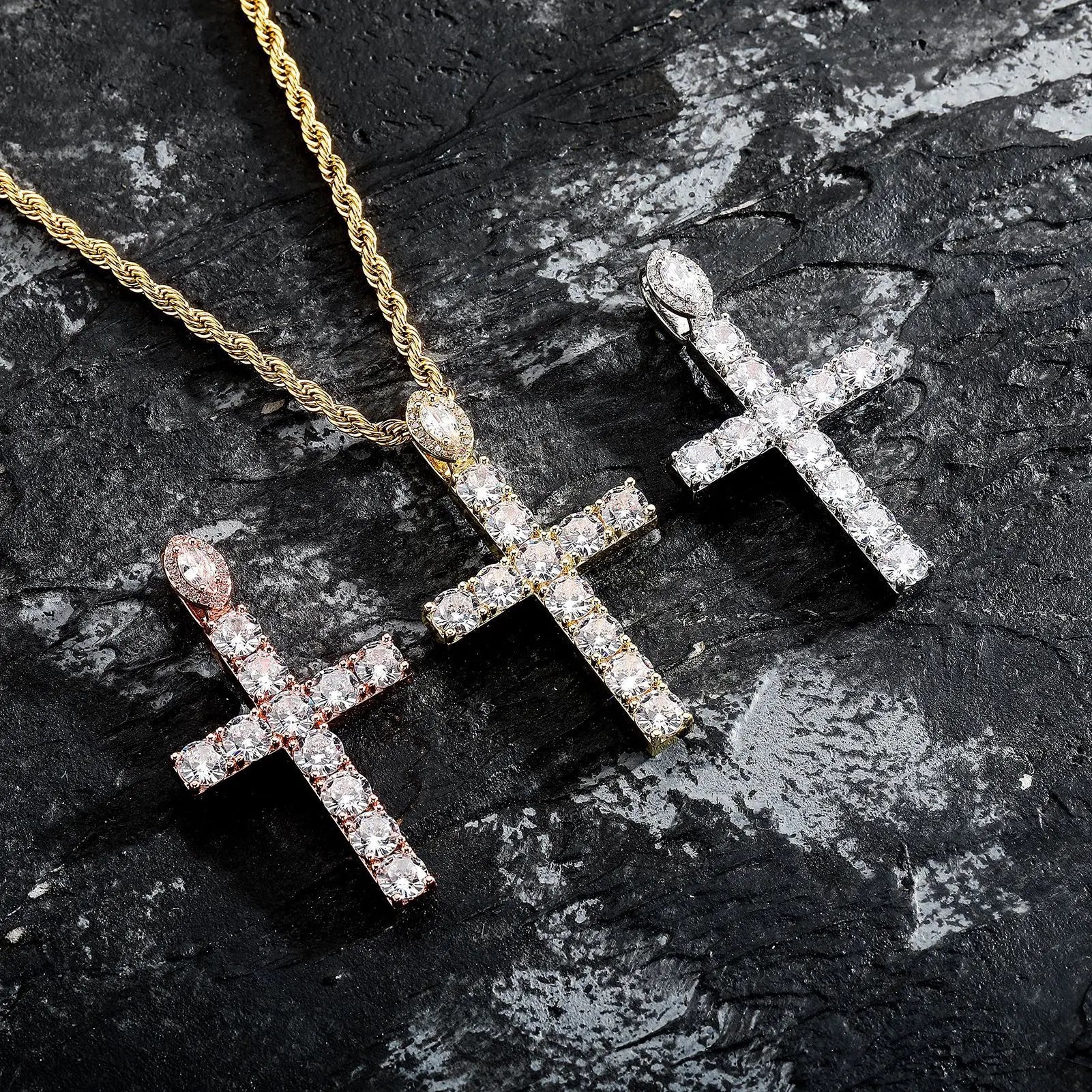 TOP ICY New Oval CZ Big Size Iced Out Cross Pendant Necklace Gold Classic Cross Hip Hop Jewelry Luxury Party Punk Pendant