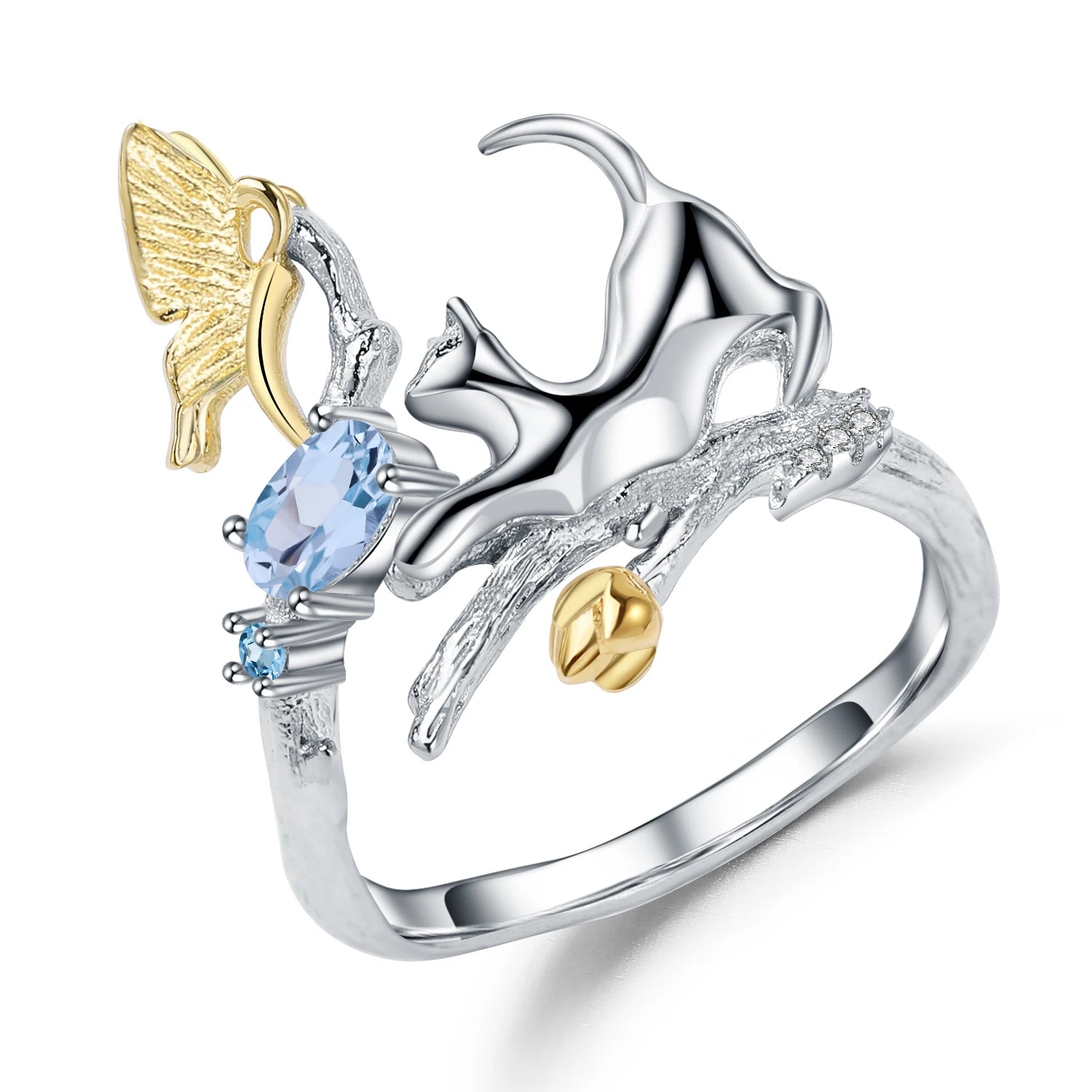 Abiding  Wholesale Design Adjustable  Ring Natural Topaz Cat & Butterfly Rings 925 Sterling Silver Open Rings Jewelry