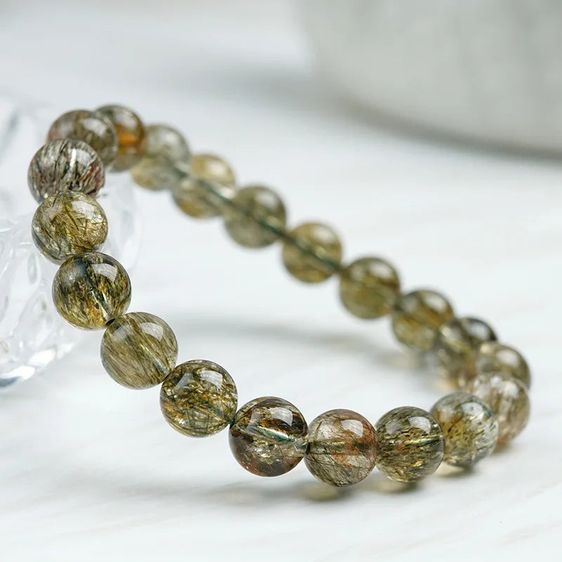 Genuine Natural Gemstone Green Hair Crystal Stone Beads Bracelet Stretch Cord Bracelets Jewelry Accessories