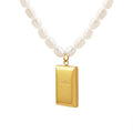 Trendy Elegant Women Imitation Pearl Link Chain Stainless Steel Square Pendant Necklace