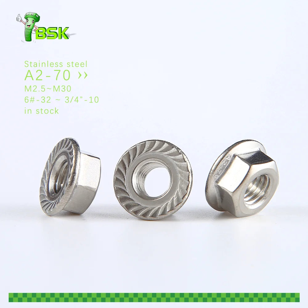 DIN 6923 Factory Stock Stainless Steel SS304 SS316 Hex Flange Nut Inch 6-32 to 3/4-10 Metric M2.5 to M30 Hexagon Flange Nut