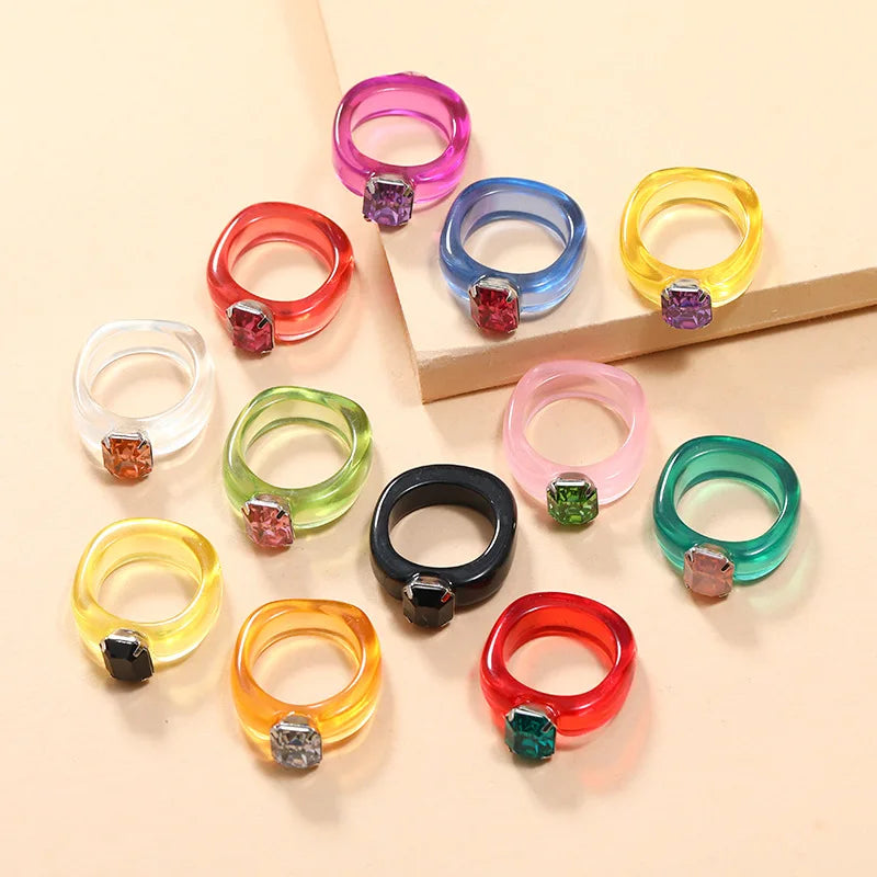 Fashion Simple Candy Color Transparent Color Diamond Acrylic Resin Ring for Women