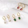 Fashion  Women Jewelry Clear/Green/Black/Fuchsia Cubic Zirconia 18K Gold Plated Stainless Steel Rectangle CZ Stone Hoop Earrings