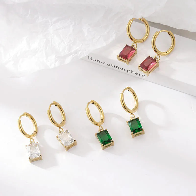 Fashion  Women Jewelry Clear/Green/Black/Fuchsia Cubic Zirconia 18K Gold Plated Stainless Steel Rectangle CZ Stone Hoop Earrings