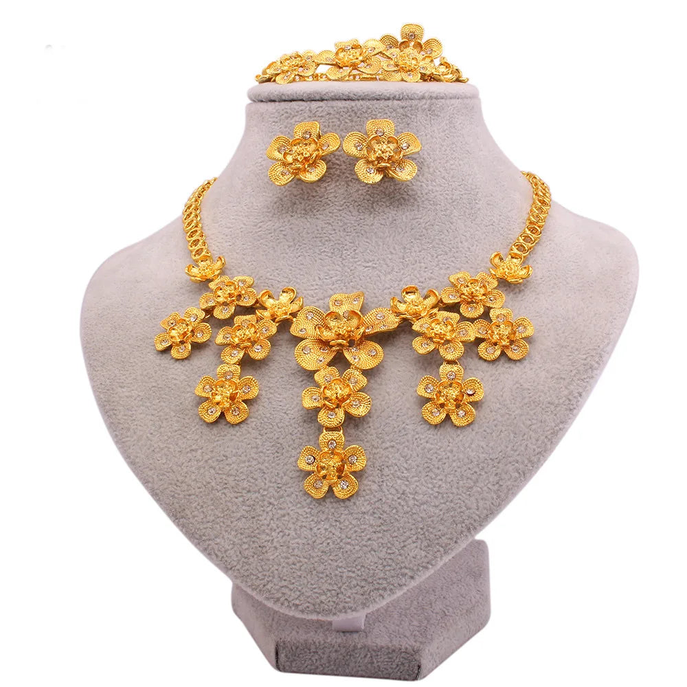 Dubai Cheap Bridal 24k Gold Plated Zircon Necklace Earrings Ring and Bracelet 4pcs Jewelry Set