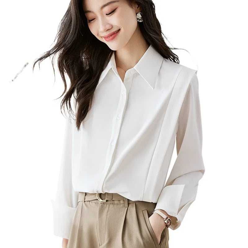Fashion Korean Style Blouse Women's New Turn Down Long-sleeved Solid Satin Blouses Shirt 8713#