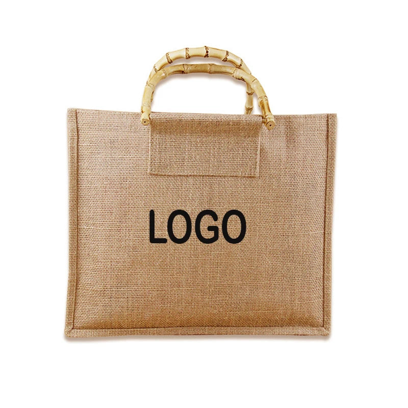 Inner Laminated PE Film Waterproof Vintage Burlap Nature Linen Bag Gift Packing Bag Bamboo Handle Tote Shopping Bag