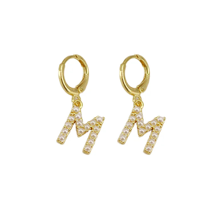 EM1356 Tiny 18K Gold and Silver Plated Huggie Earrings Seed Pearl Alphabet Initial Letter Earring for Women Girls
