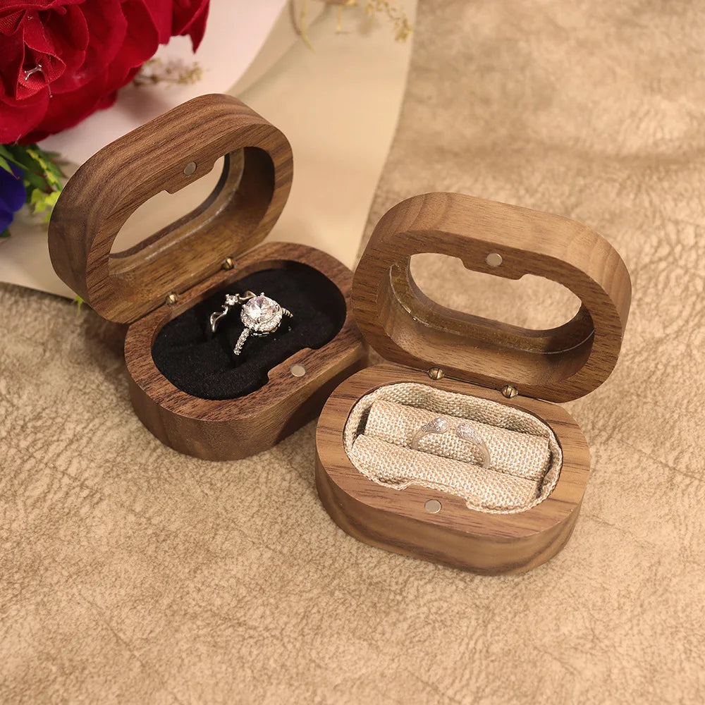 Hot Sale Solid Walnut Wood Oval Jewelry Storage Box Marriage Proposal Ring Box with Acrylic Window for Wedding