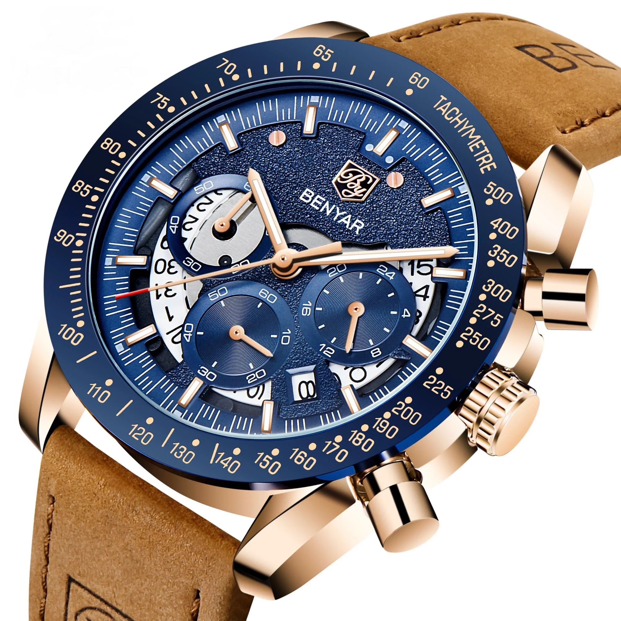 Top Reloj BENYAR 5120 Luxury Watch for Men Sport Quartz Chronograph Date Clock Gift Blue Genuine Leather Men's Wristwatches