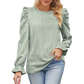 RNSHANGER Autumn Women Blouse Fashion O Neck Long Puff Sleeve Elegant Shirts Top Solid Color Female Blouses for Women