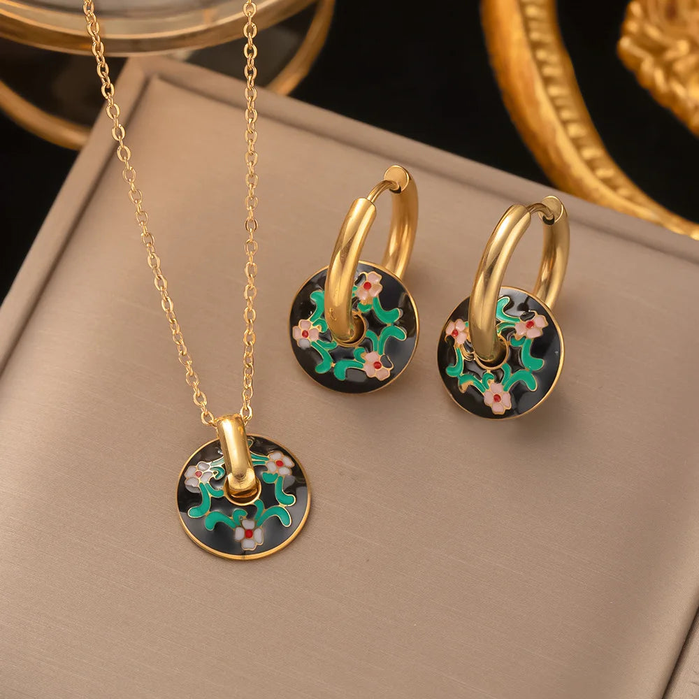 New Fashion 2pcs Set Stainless Steel 18k Gold Plated Flower Enamel Necklace Earrings Jewelry Set for Women