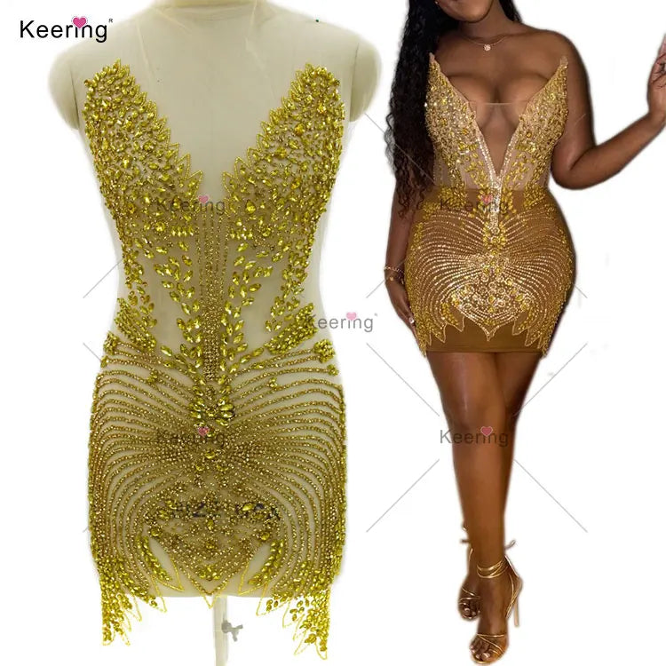 WDP-481 2024 New Design Gold Applique Rhinestones Handmade Beaded Bodice Patch for Wedding Party Dress