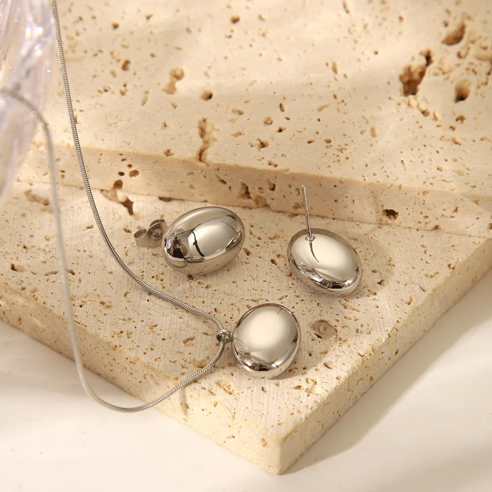 Simple Oval Peas Stainless Steel Pendant Necklaces Stud Earrings 2 Pcs Jewelry Set for Women