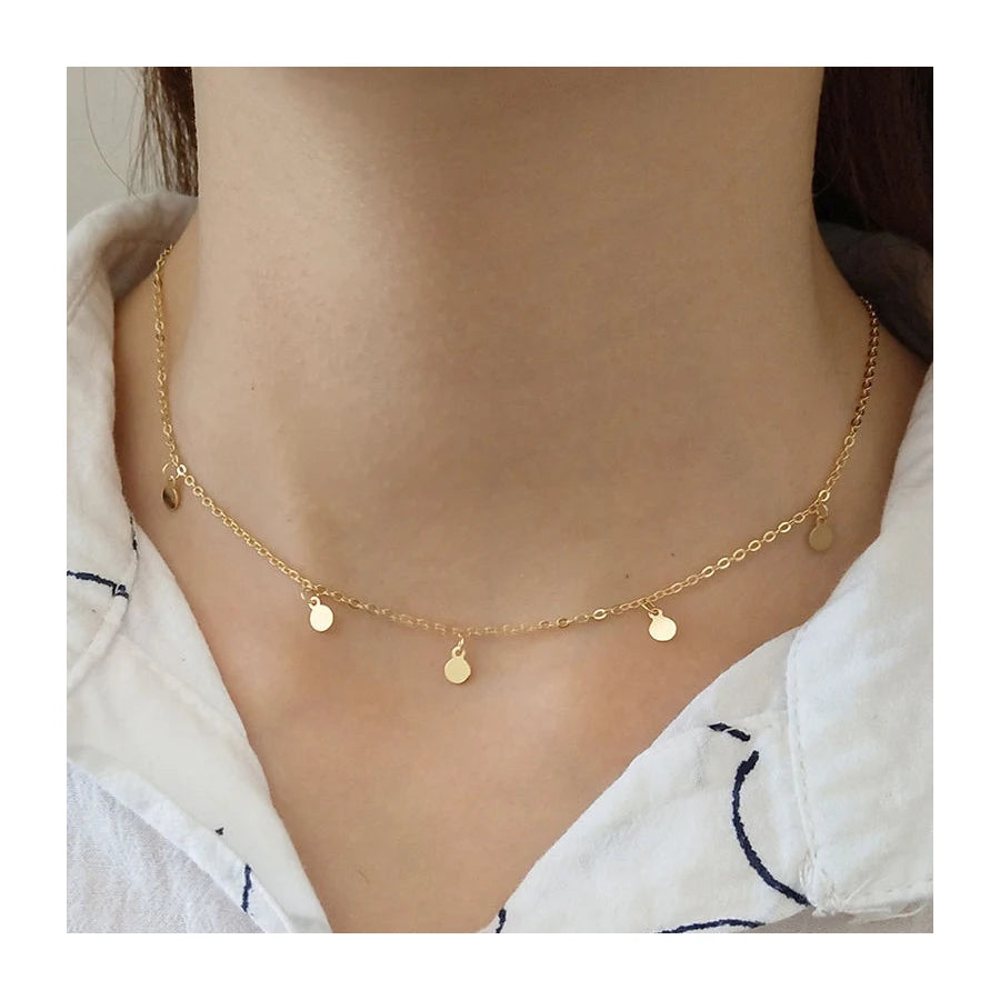 Minimalist Stainless Steel 18k Gold Plated Layered Chain Choker Necklace Women Dainty Round Pendant Necklace Jewelry
