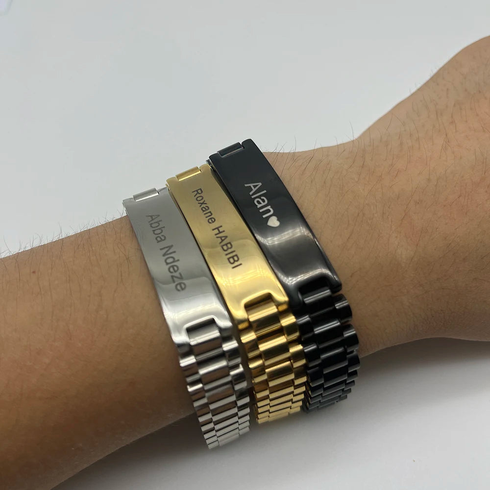 Custom Men's Engraved Name Bracelet 12mm Pendant Gold Plated Chunky Stainless Steel Blank Bar DIY Logo Bracelet