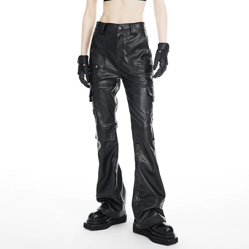 Custom High Street New Design Women Black High Waist Motorcycle Leather Pants