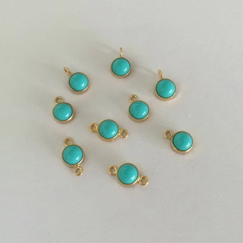 14K Pure Gold Filled Bezel Turquoise Circle Charm Pendant Connectors With Single Double Loops DIY Jewelry Accessories